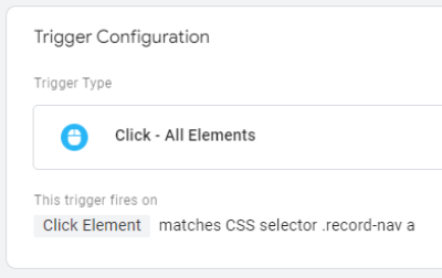 Trigger Configuration panel showing Trigger Type is "Click - All Elements" and the trigger fires on "Click Element matches CSS selector .record-nav a"